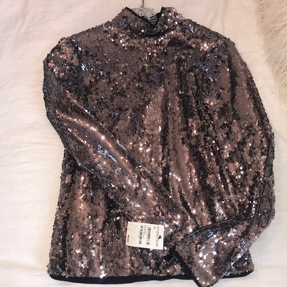 Chelsea28 long sleeve mock neck silver sequin top